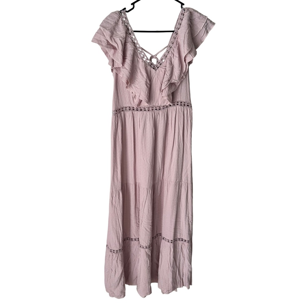 Simplee Mauve Pink Swiss Dot Maxi Dress Ruffle Lace Boho Tiered Size M S21DR8459